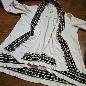 Lucky Brand Women Sz Medium Open Front Knit Cardigan Cotton Boho Embroider Fall